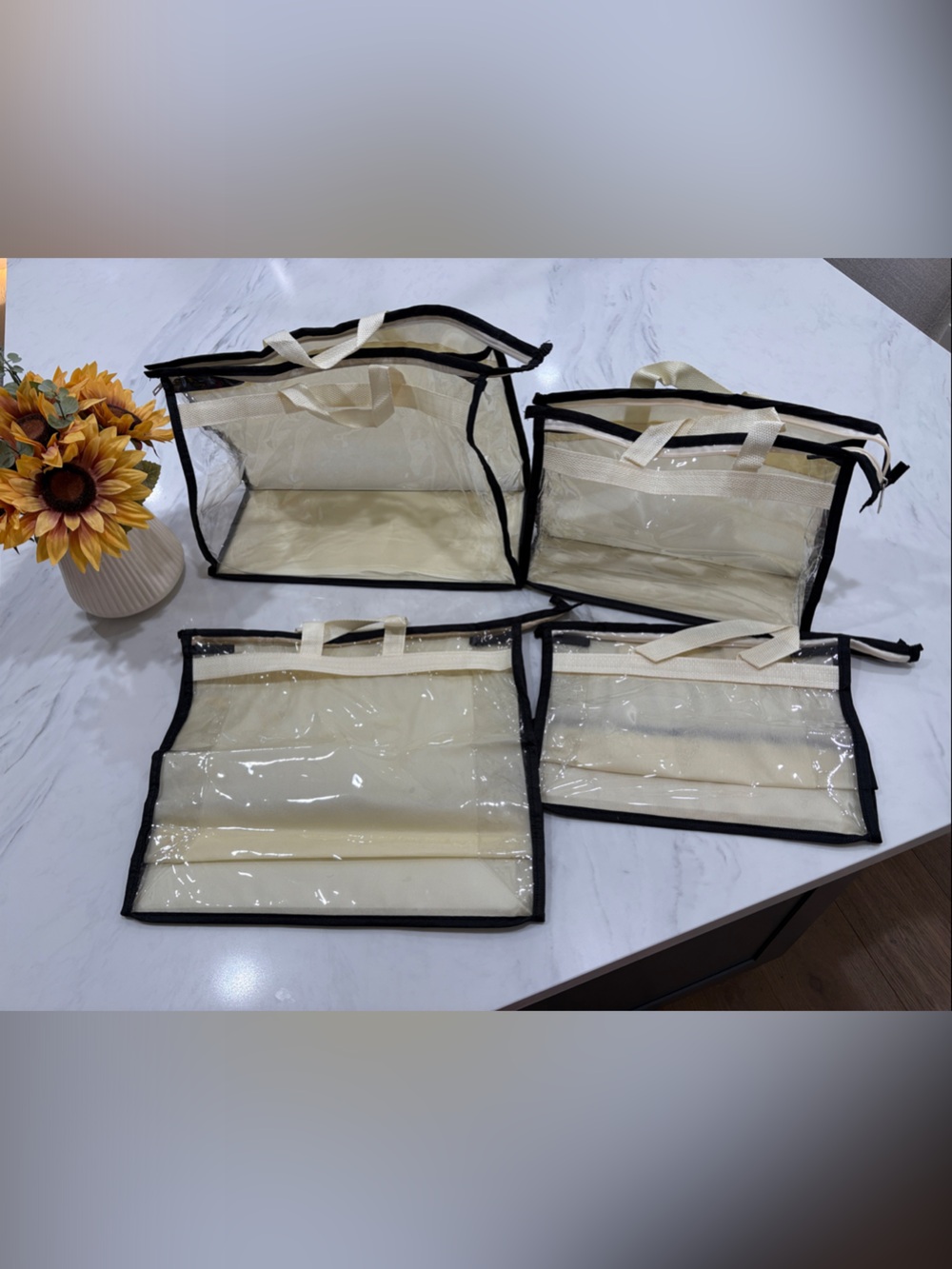 Clear Beige Dust Purse Bag with Black Trim - Large Set of 2, Medium Set of 2